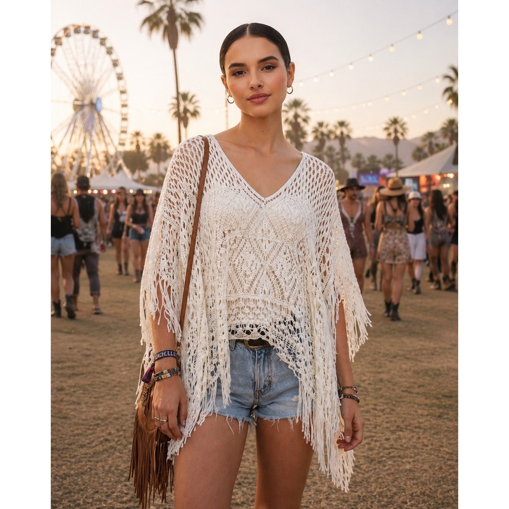 H&M Womens Crochet Fringe Poncho Top Cream Ivory Boho Festival